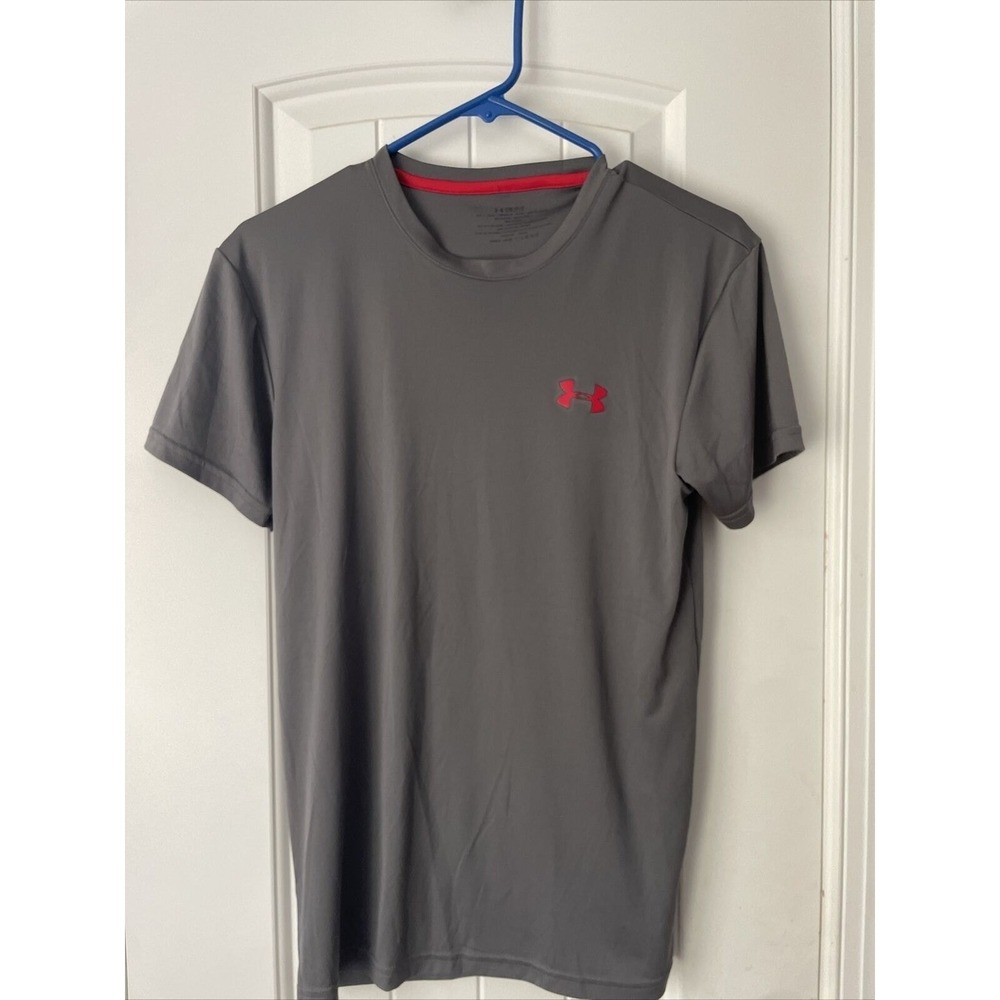 Under Armour T Shirt Mens Adult Small Loose Fit Light Gray Red Workout